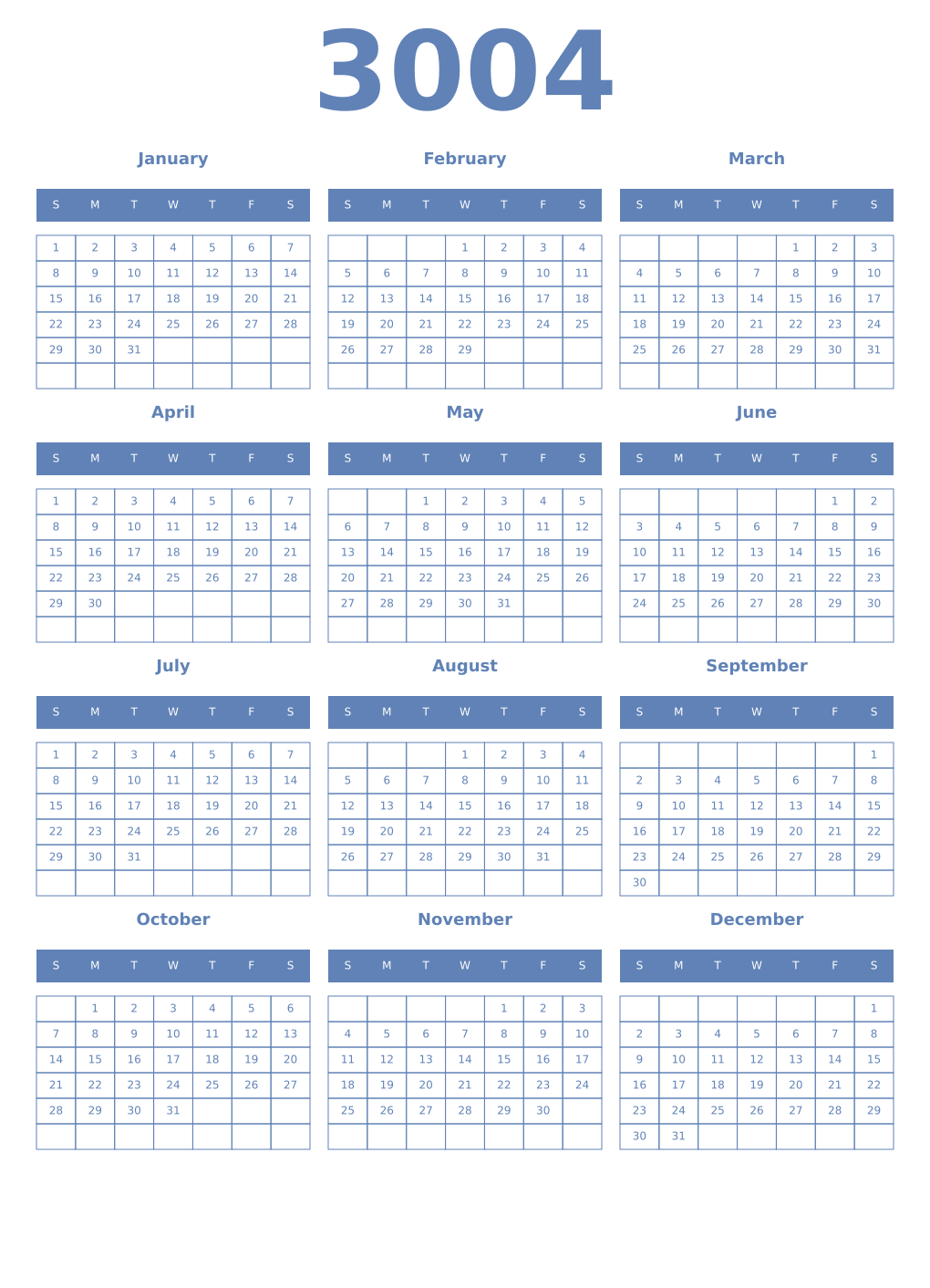 Printable 3004 Year Calendars glaucous