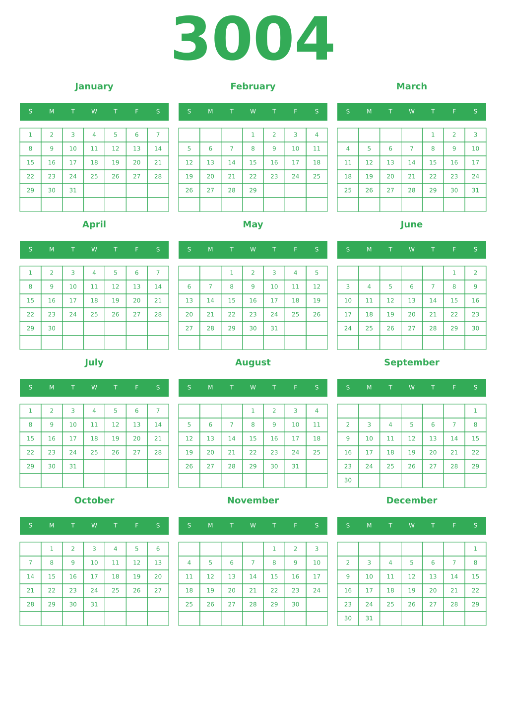 Printable 3004 Year Calendars green
