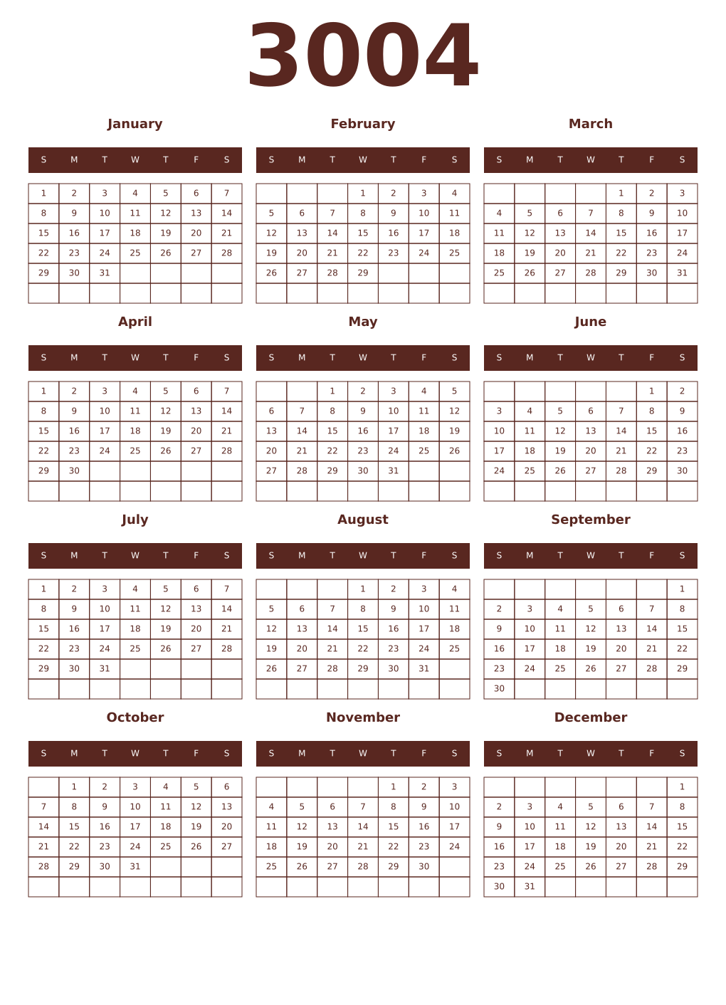 Printable 3004 Year Calendars mortuum
