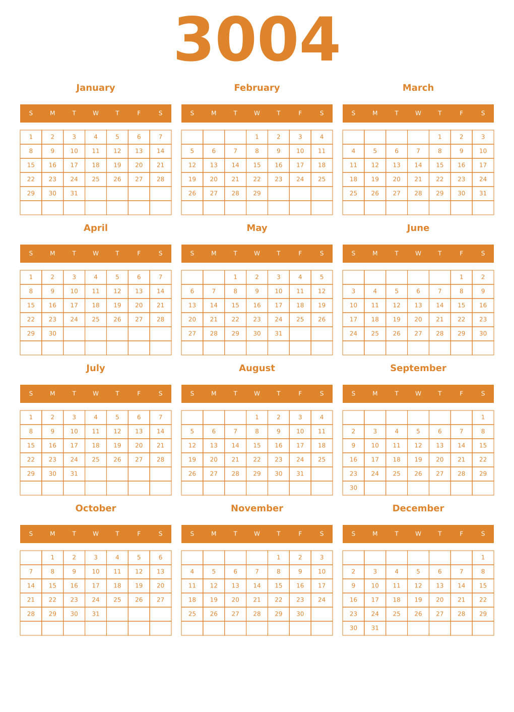 Printable 3004 Year Calendars orange