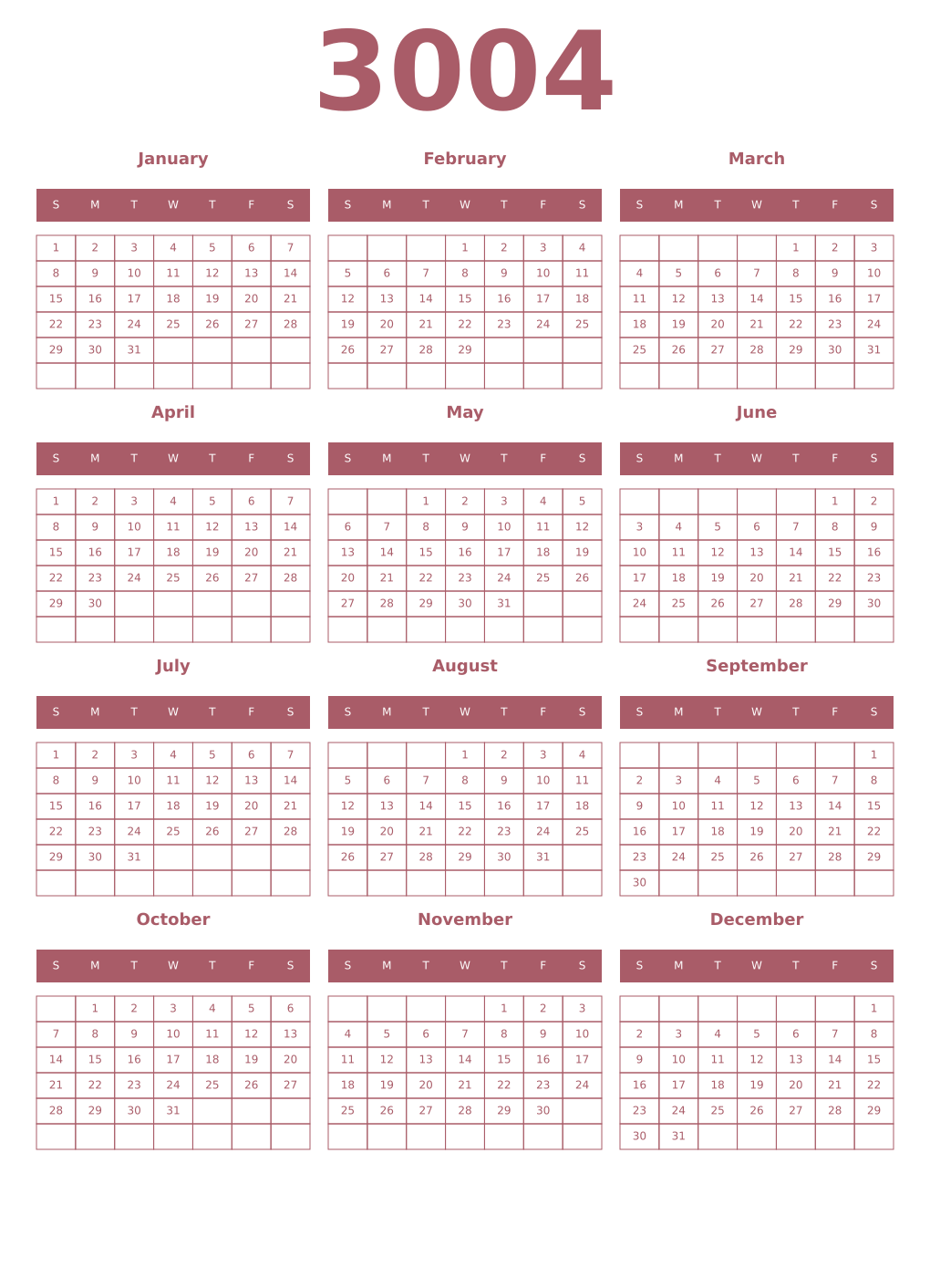 Printable 3004 Year Calendars puce