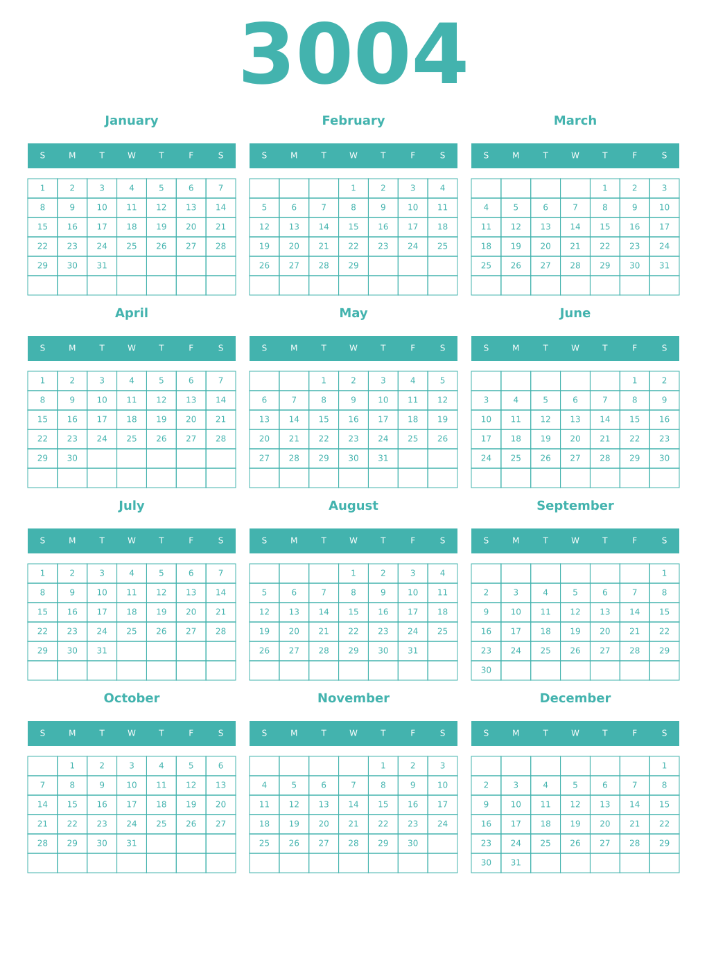 Printable 3004 Year Calendars verdigris