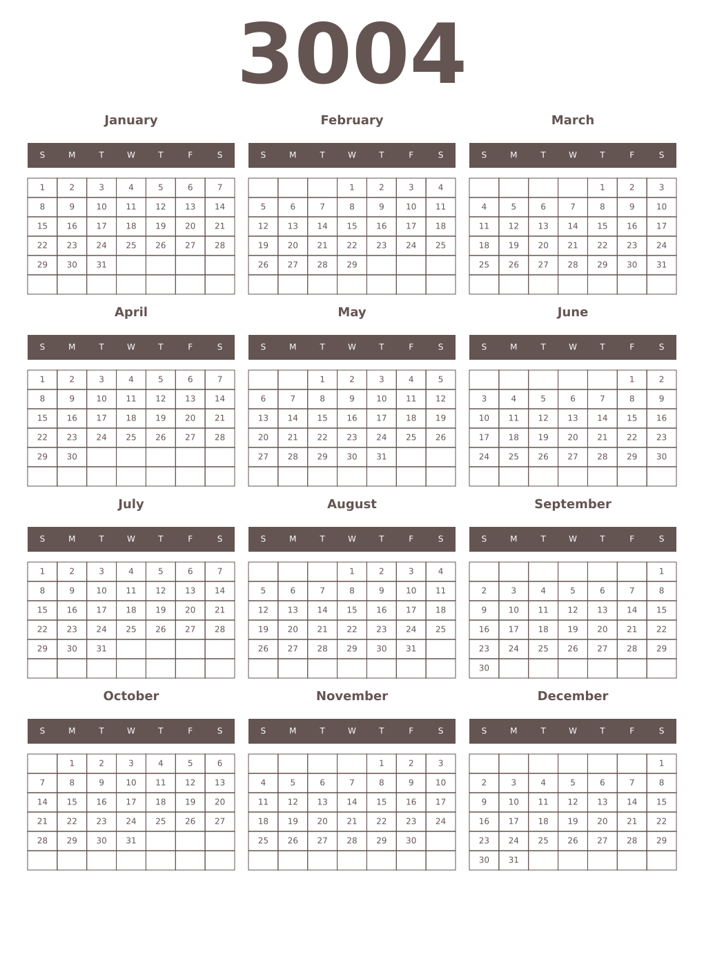 Printable 3004 Year Calendars wenge