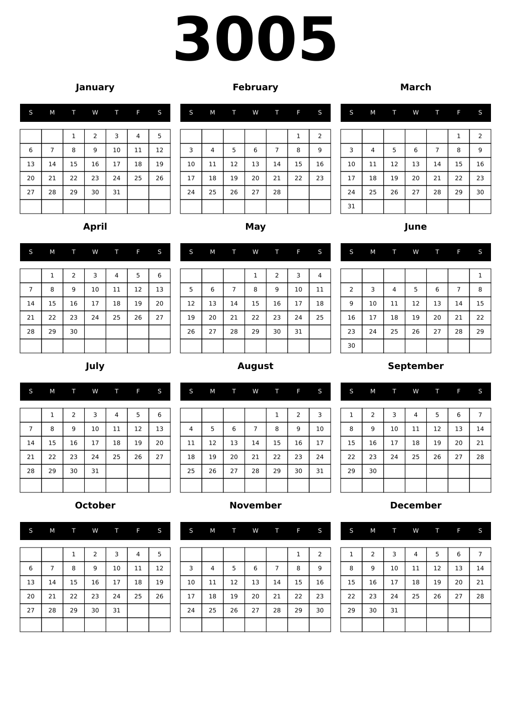 Printable 3005 Year Calendars black