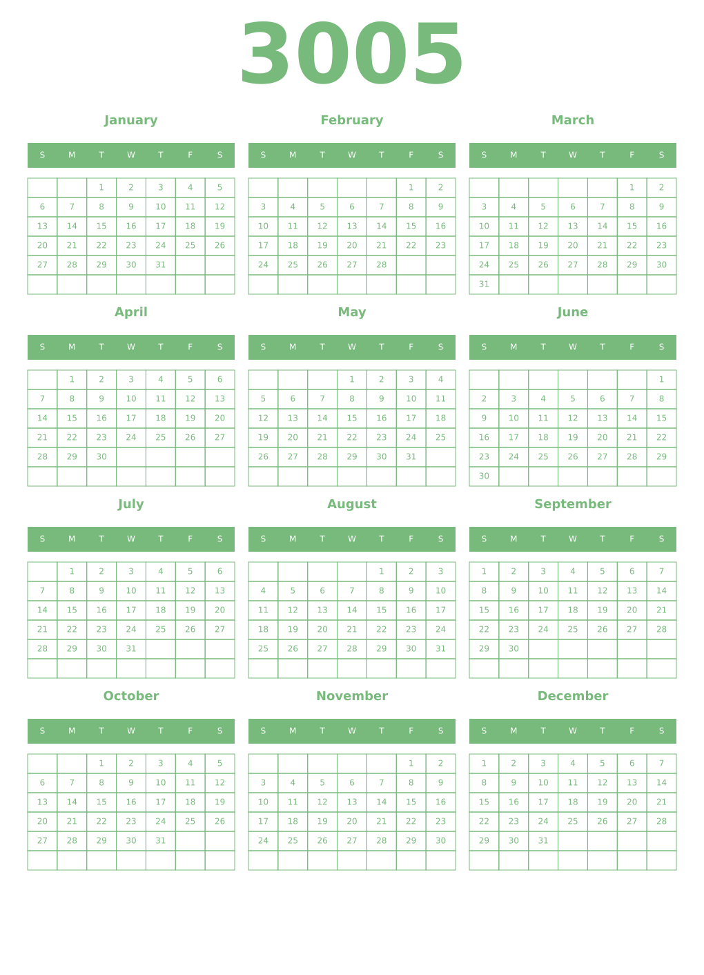 Printable 3005 Year Calendars celadon