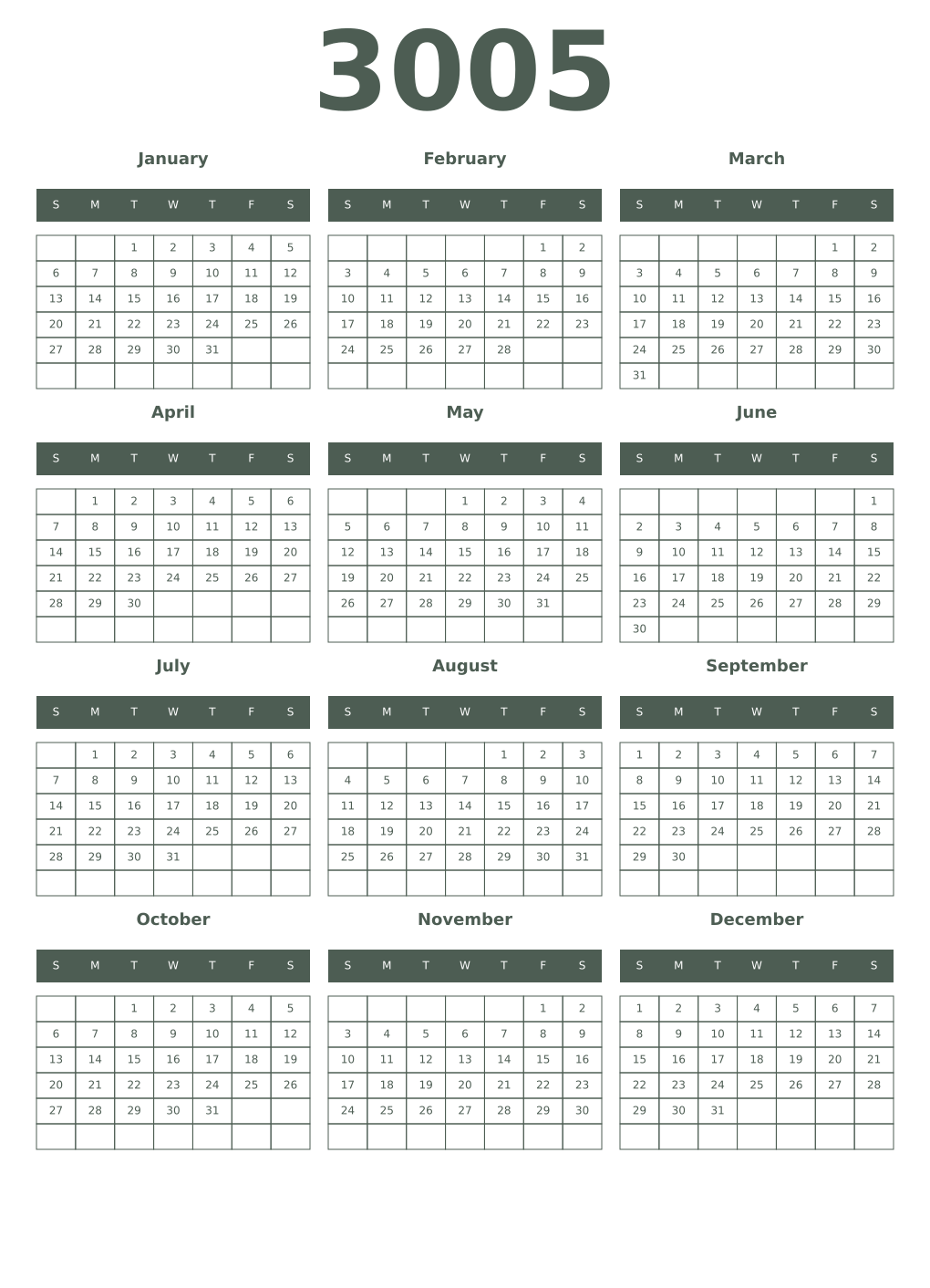 Printable 3005 Year Calendars feldgrau