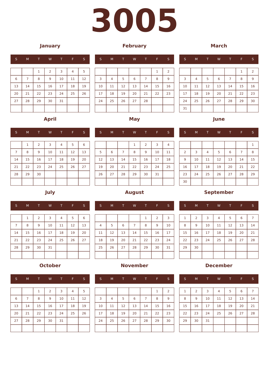 Printable 3005 Year Calendars mortuum