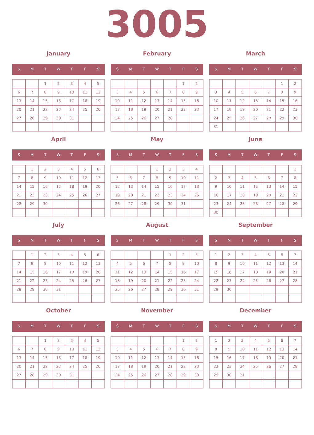 Printable 3005 Year Calendars puce