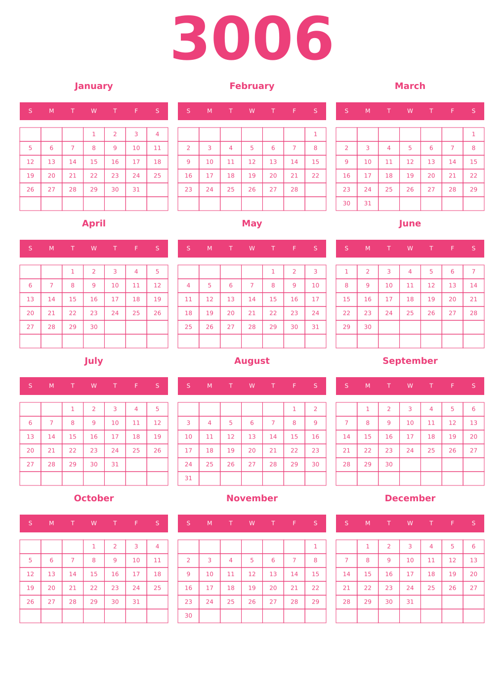 Printable 3006 Year Calendars pink