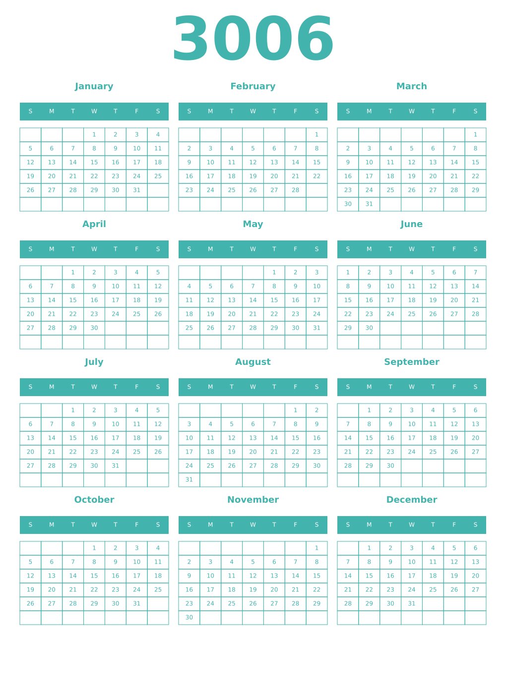 Printable 3006 Year Calendars verdigris