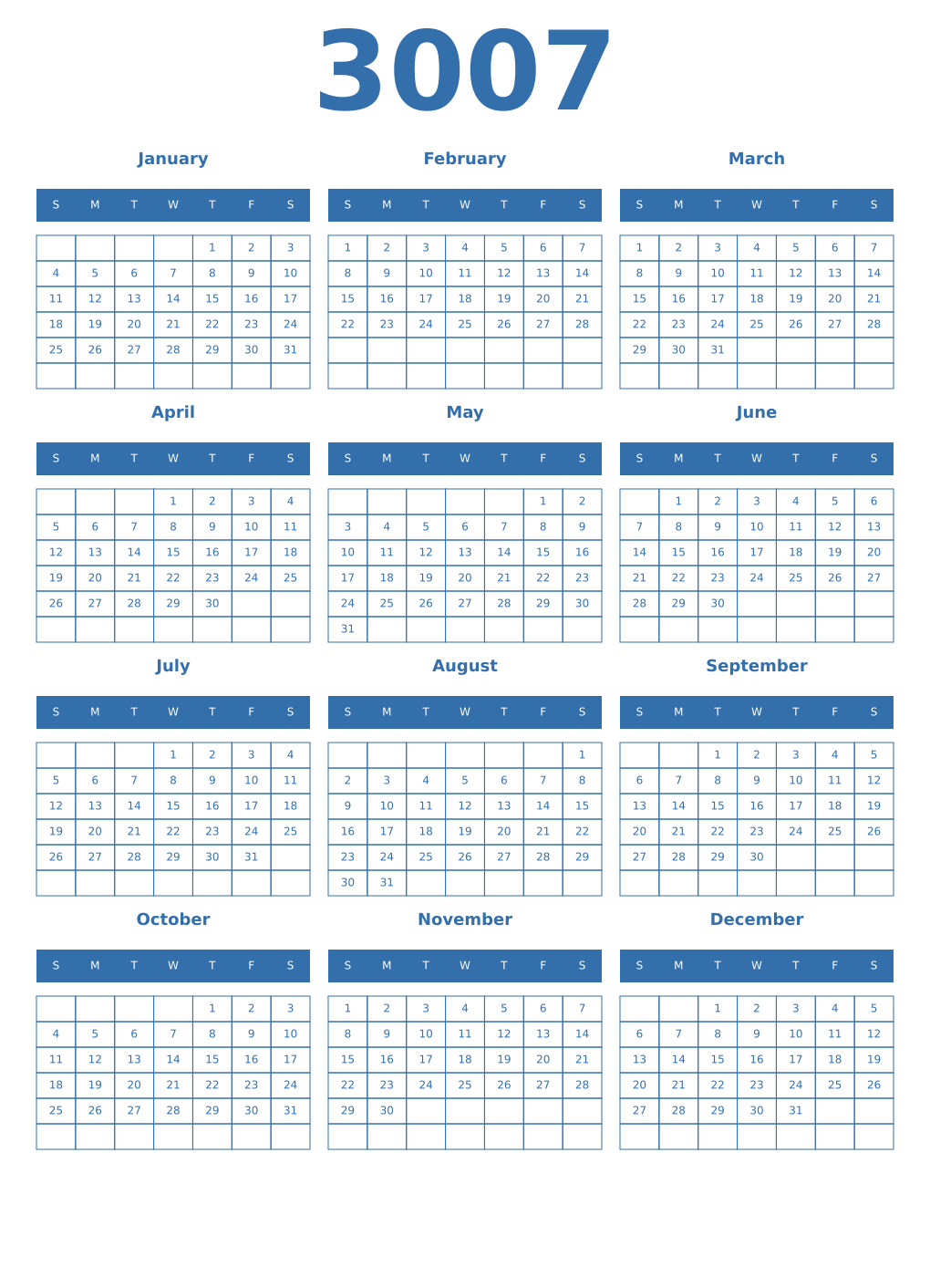 Printable 3007 Year Calendars blue