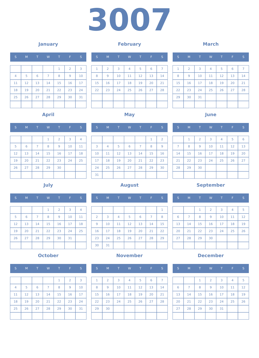 Printable 3007 Year Calendars glaucous