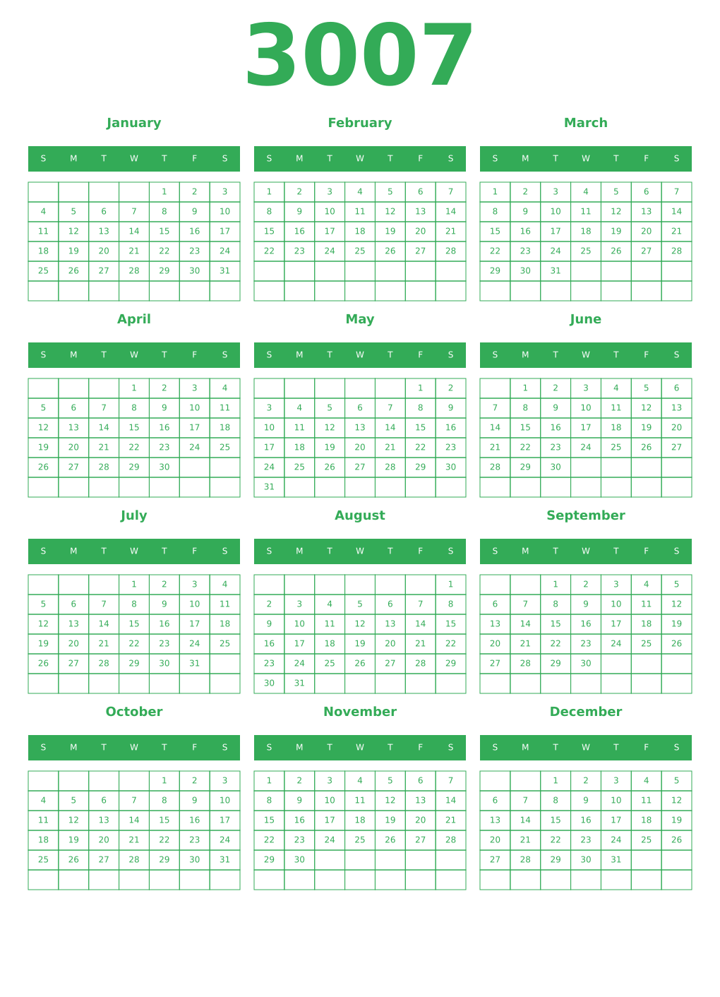 Printable 3007 Year Calendars green