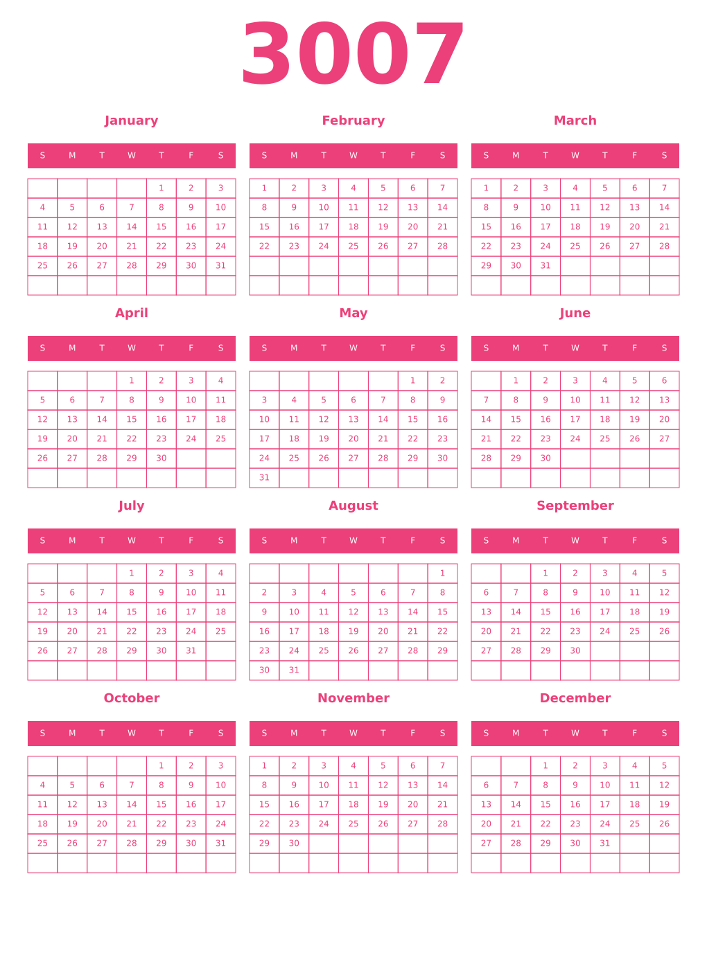 Printable 3007 Year Calendars pink