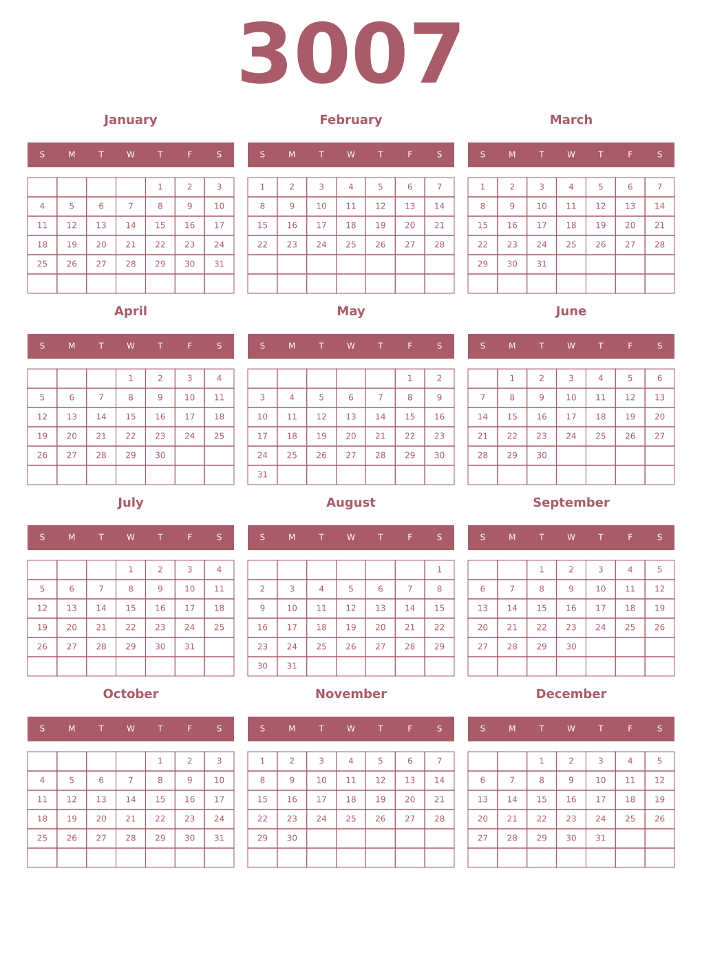 Printable 3007 Year Calendars puce
