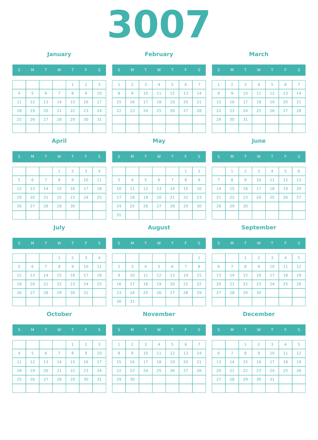 Printable 3007 Year Calendars verdigris