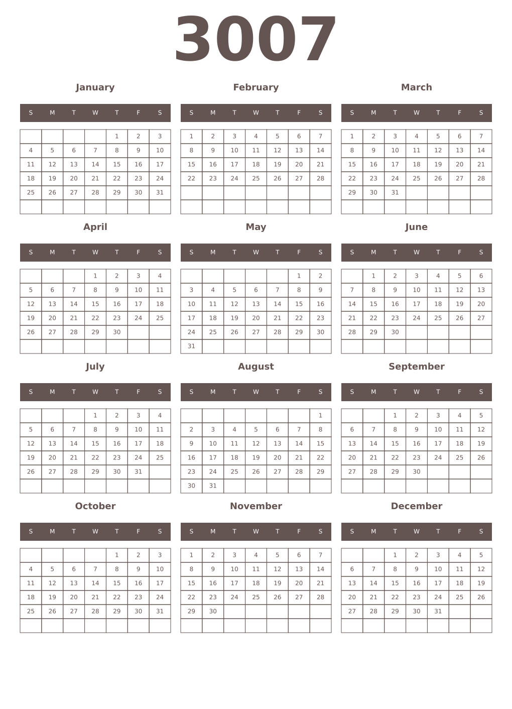 Printable 3007 Year Calendars wenge