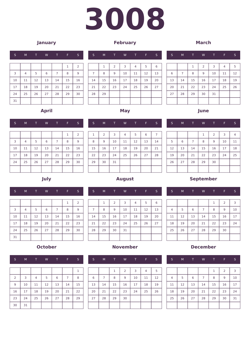 Printable 3008 Year Calendars aubergine