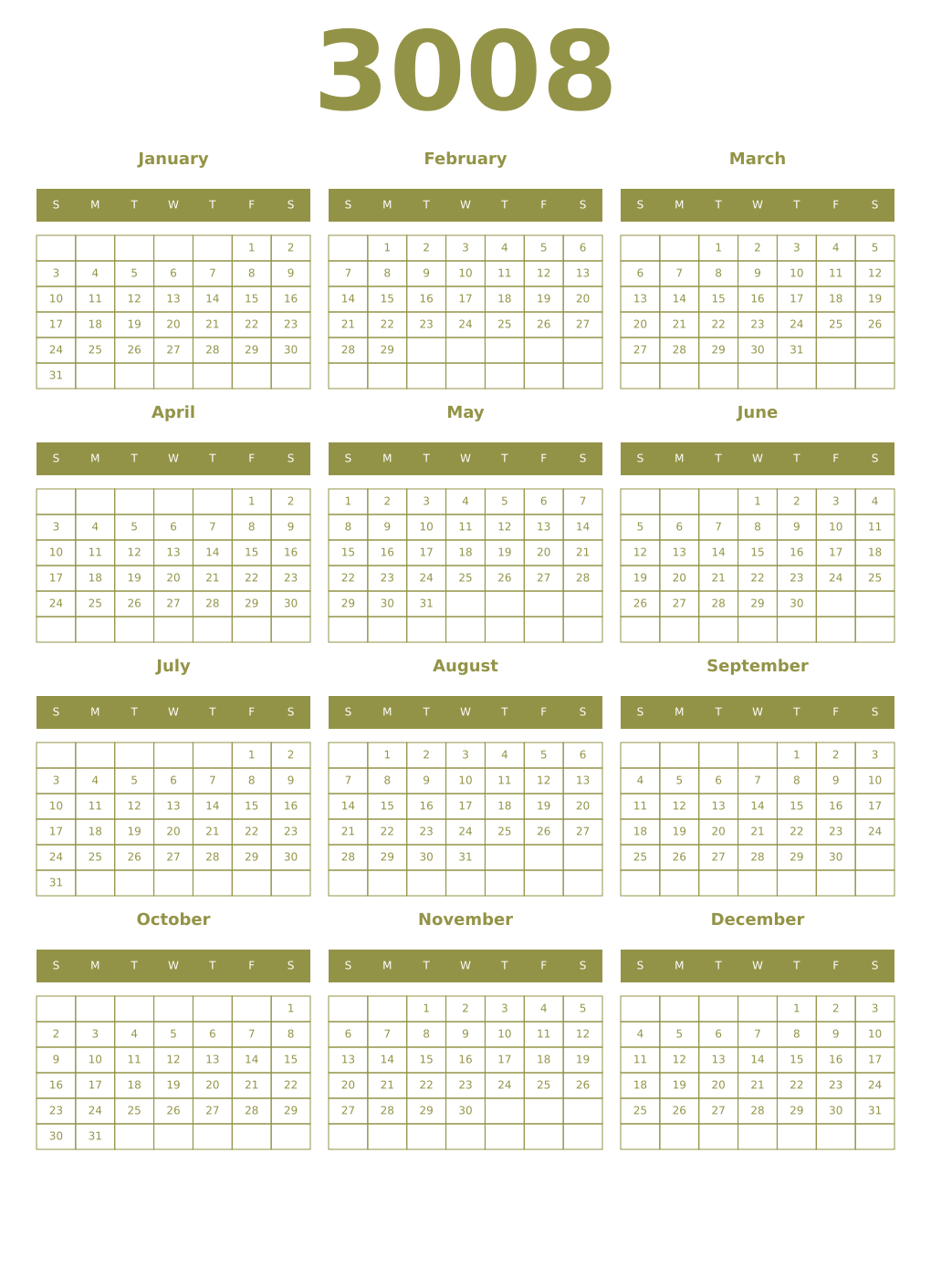 Printable 3008 Year Calendars eburnean