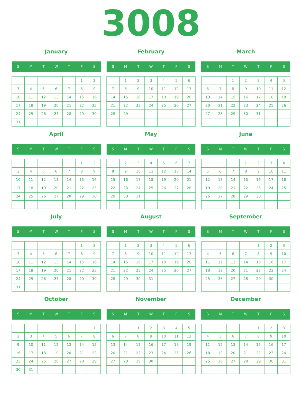 Printable 3008 Year Calendars green