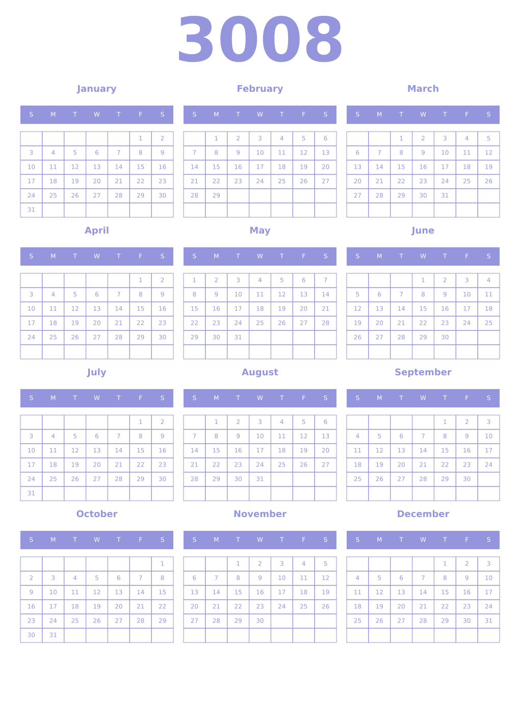 Printable 3008 Year Calendars periwinkle