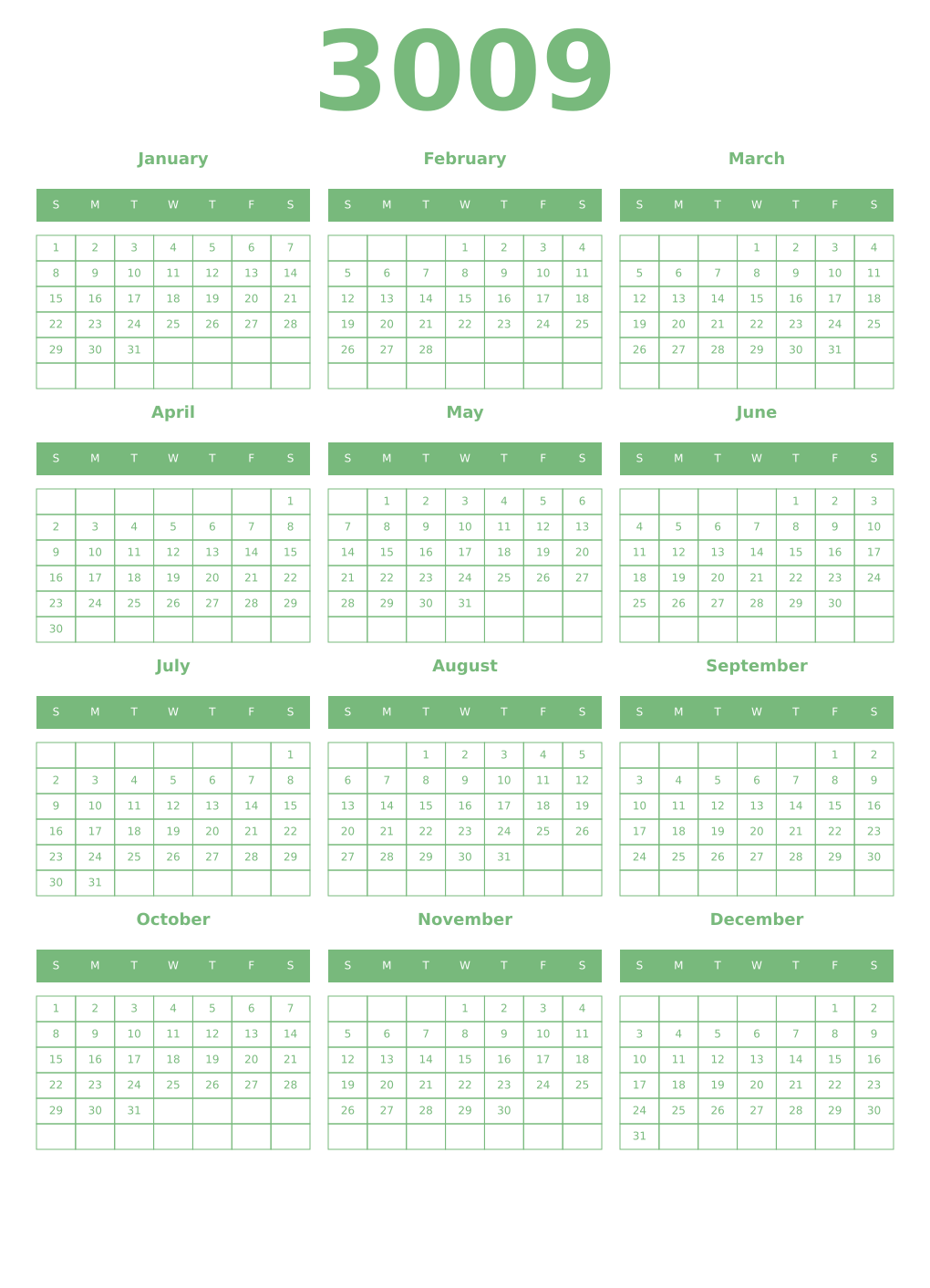 Printable 3009 Year Calendars celadon