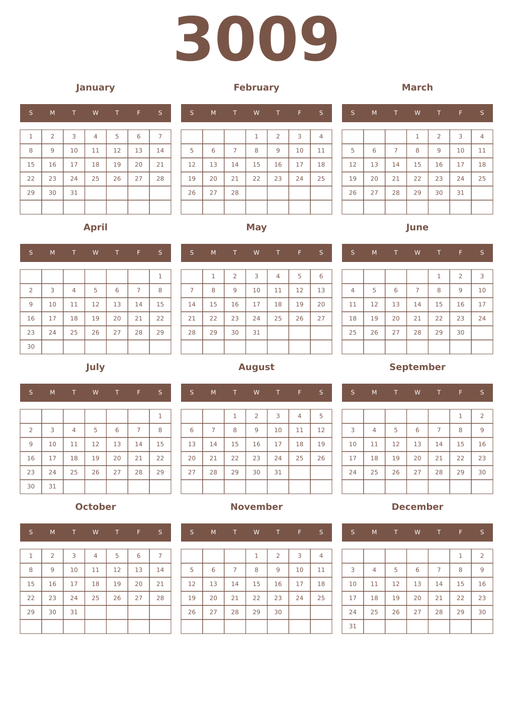 Printable 3009 Year Calendars coffe