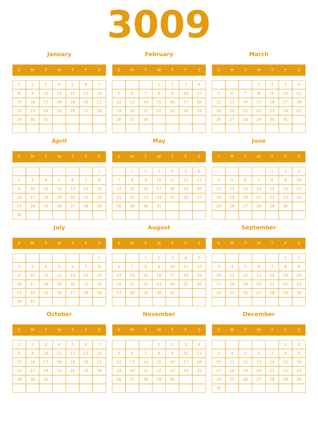 Printable 3009 Year Calendars gamboge
