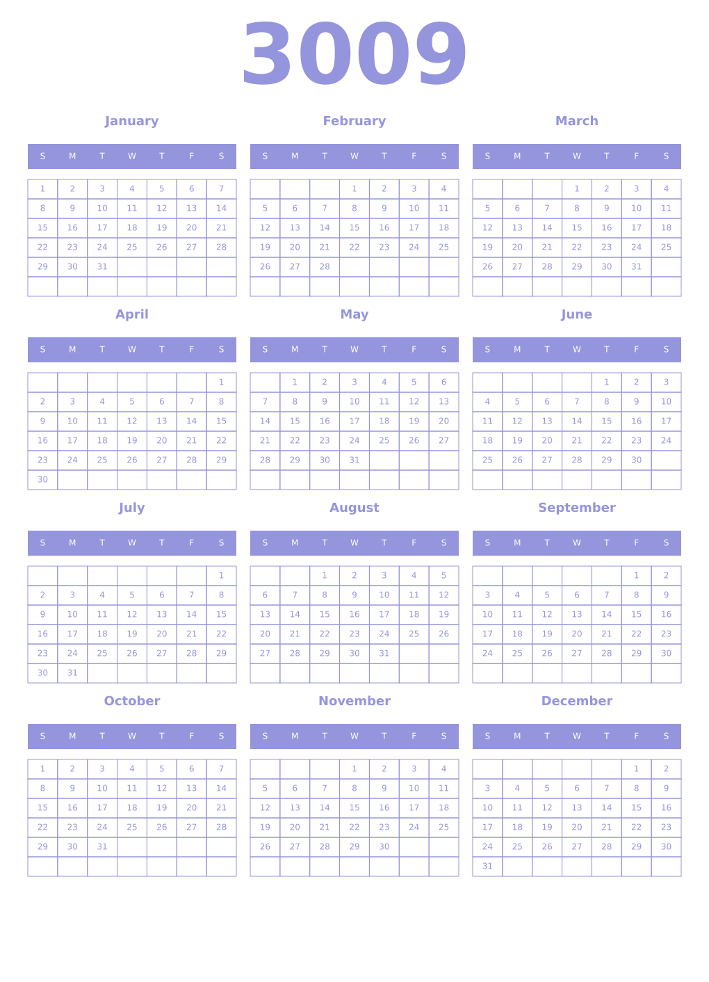 Printable 3009 Year Calendars periwinkle