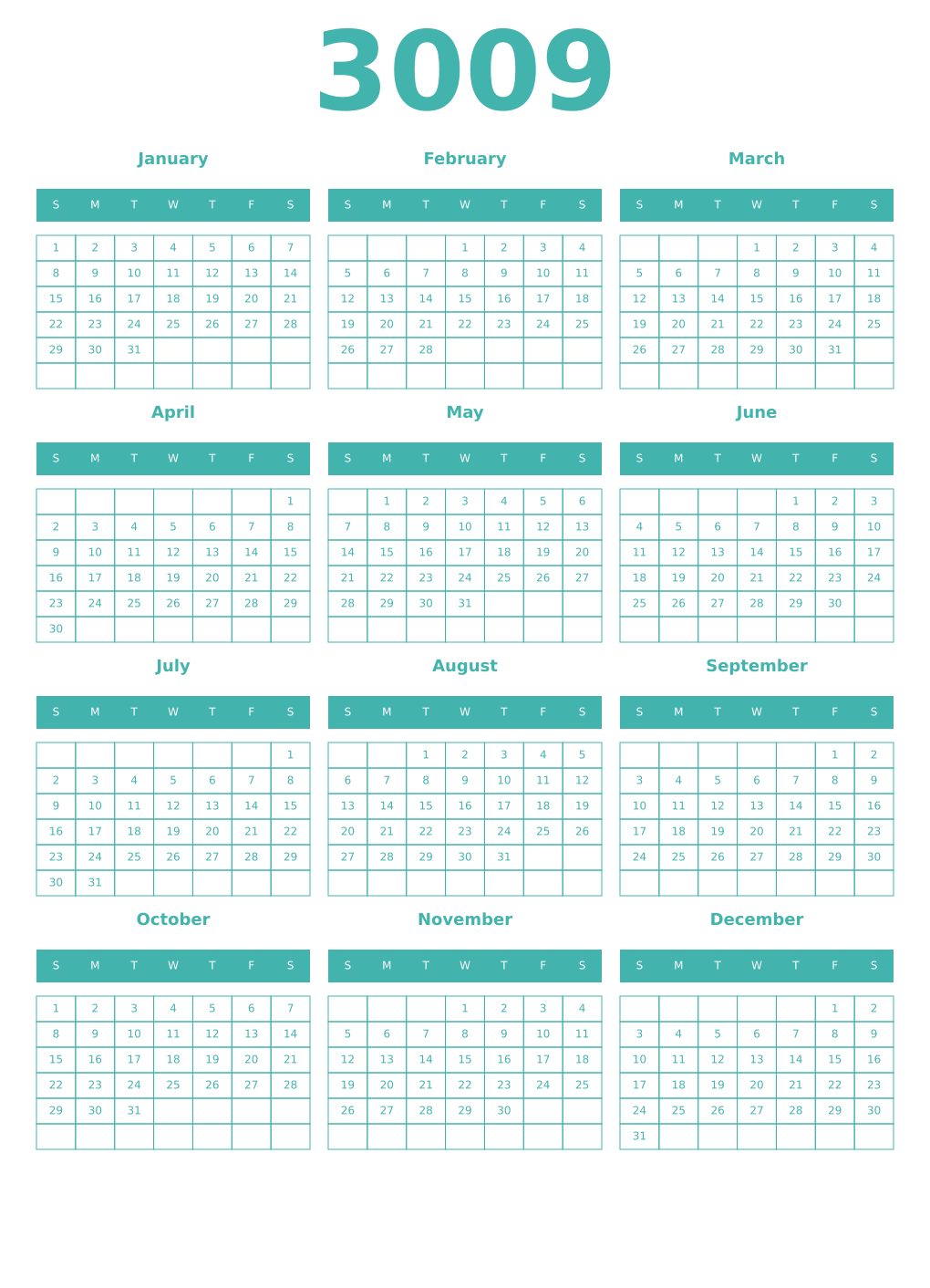 Printable 3009 Year Calendars verdigris