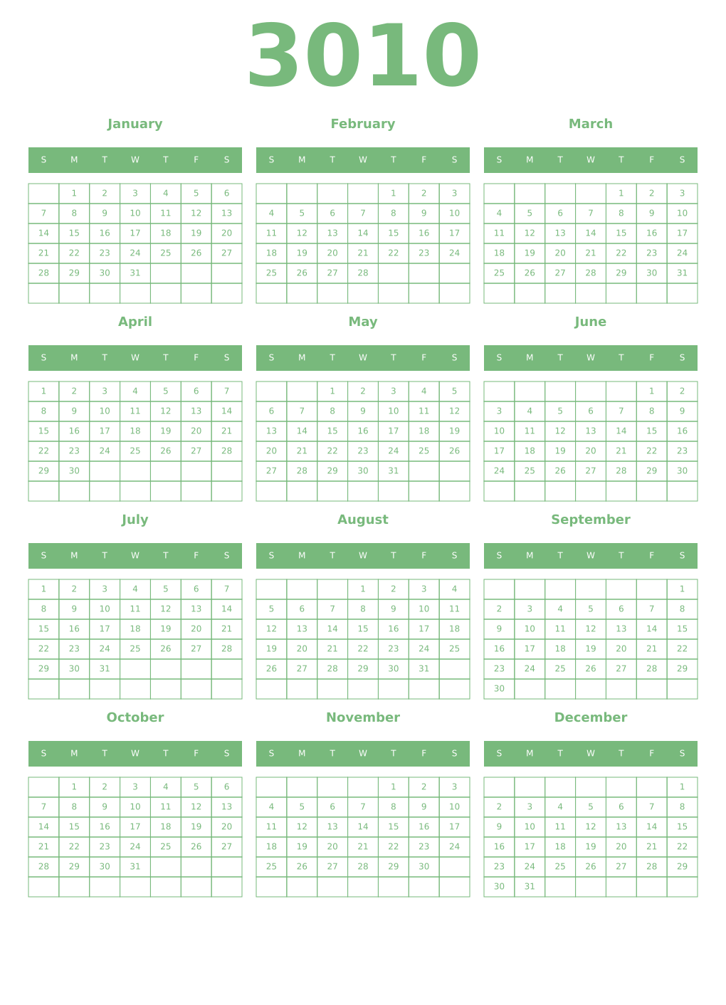 Printable 3010 Year Calendars celadon