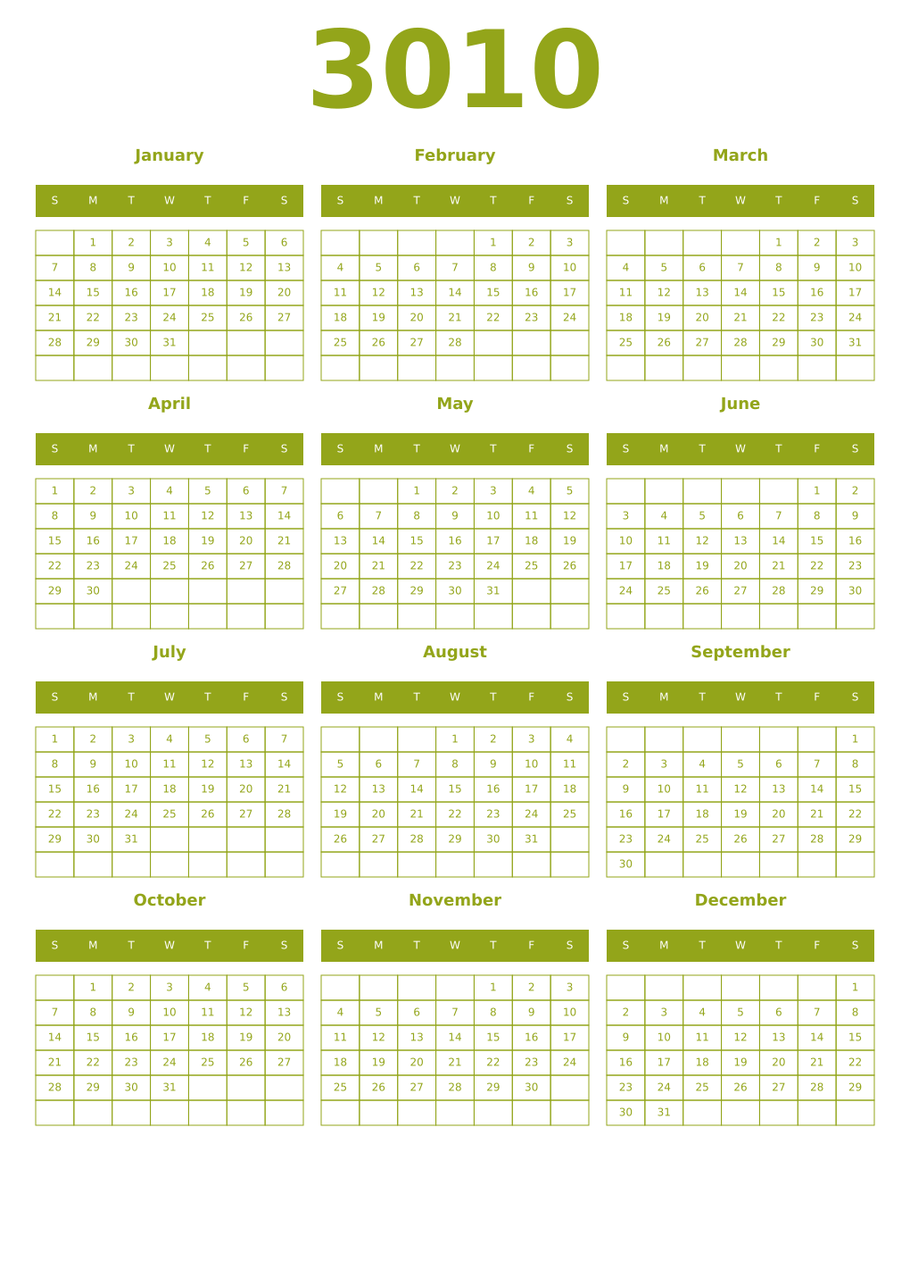 Printable 3010 Year Calendars chartreuse