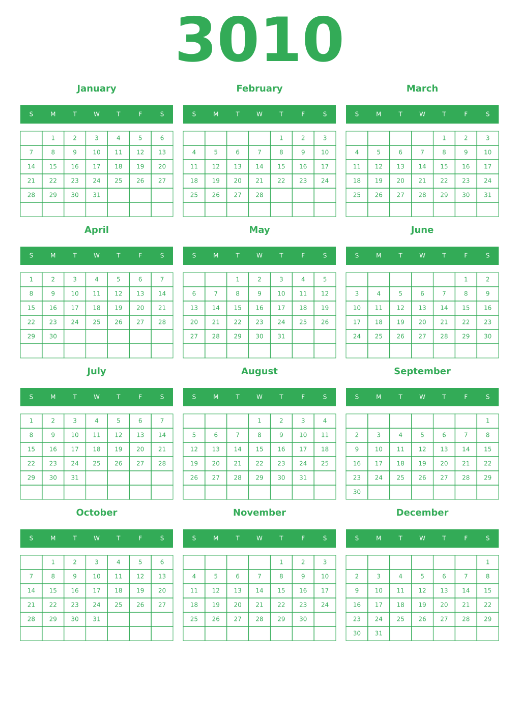 Printable 3010 Year Calendars green