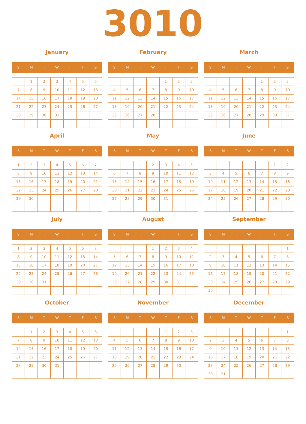 Printable 3010 Year Calendars orange