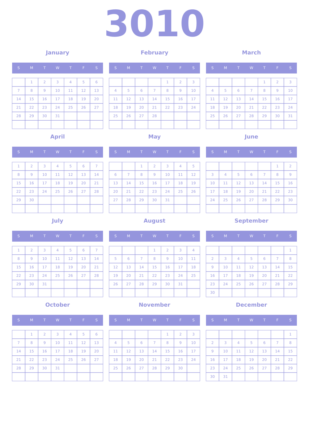 Printable 3010 Year Calendars periwinkle
