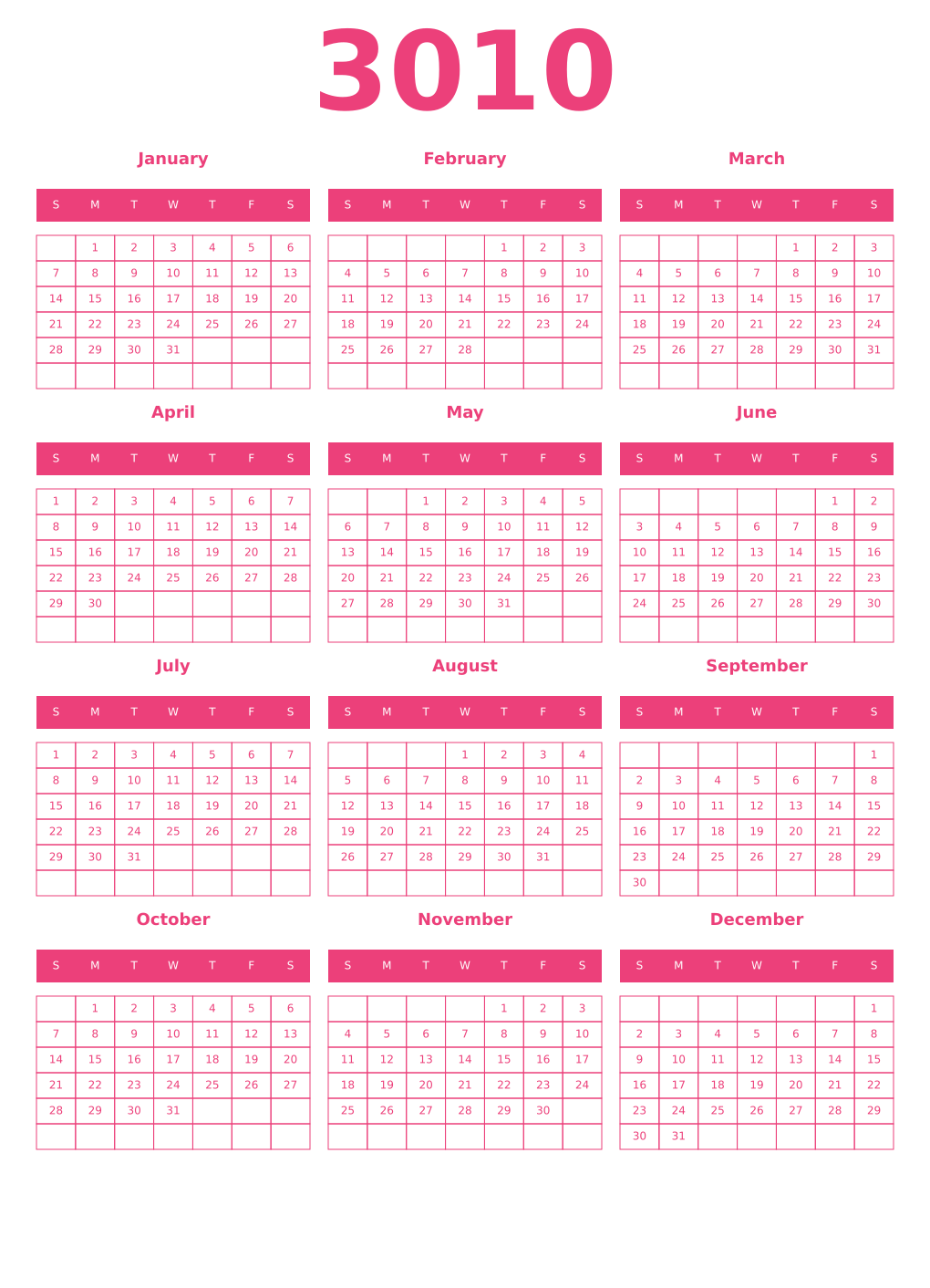 Printable 3010 Year Calendars pink