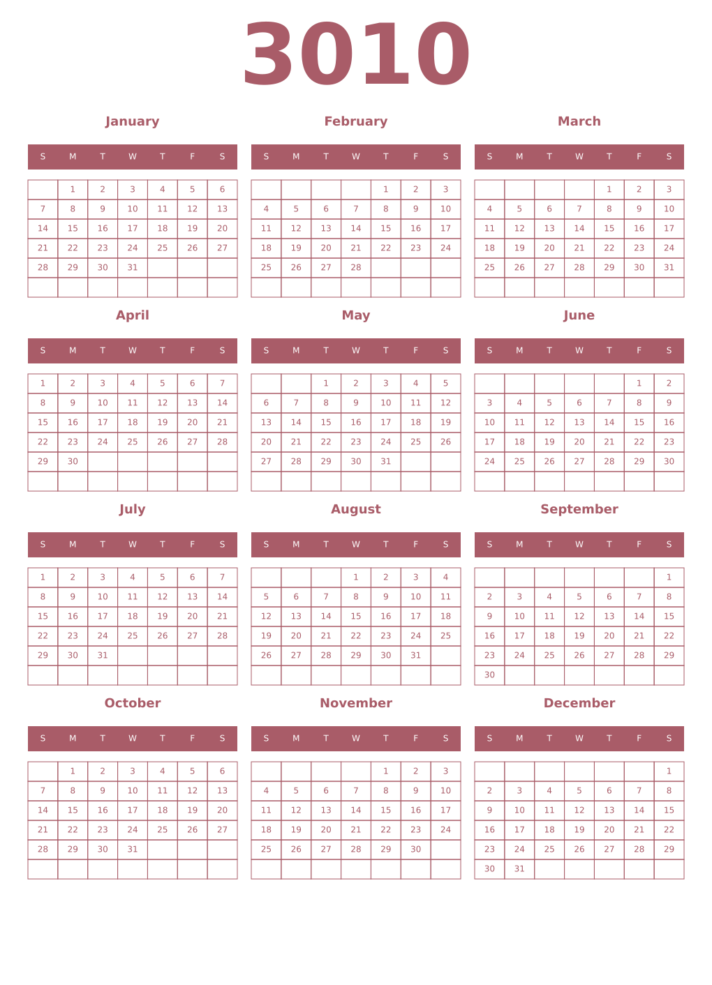 Printable 3010 Year Calendars puce