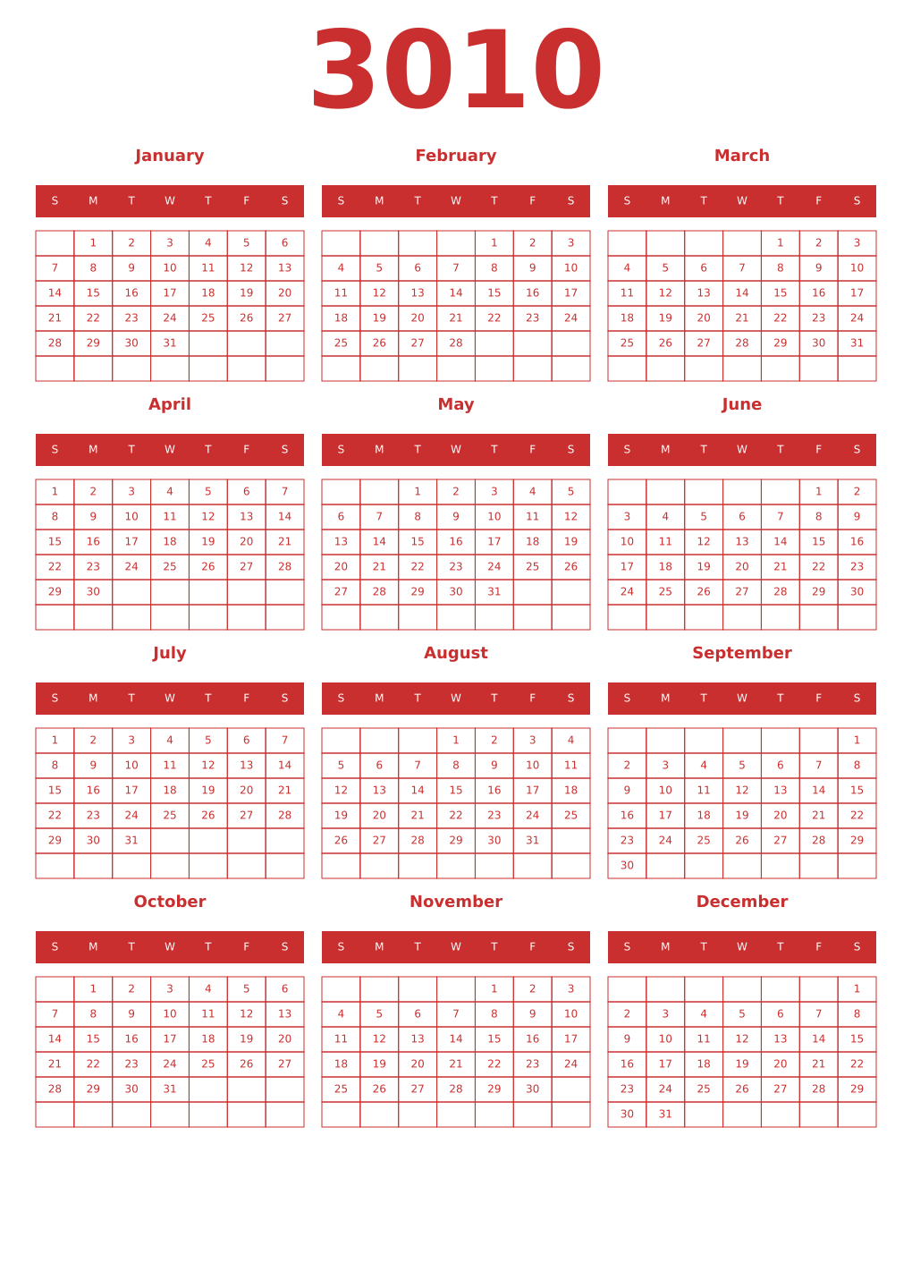 Printable 3010 Year Calendars red