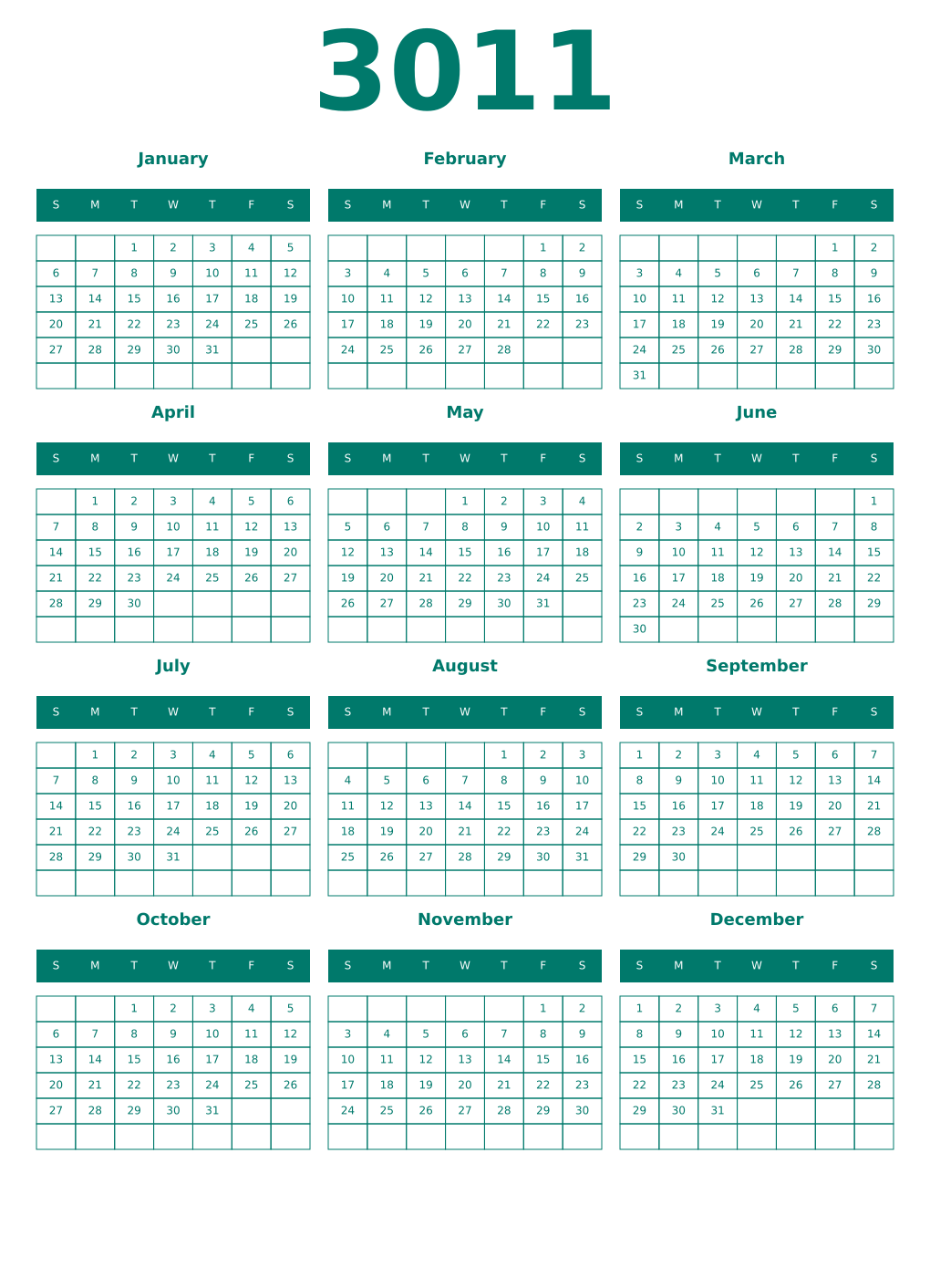 Printable 3011 Year Calendars pastel