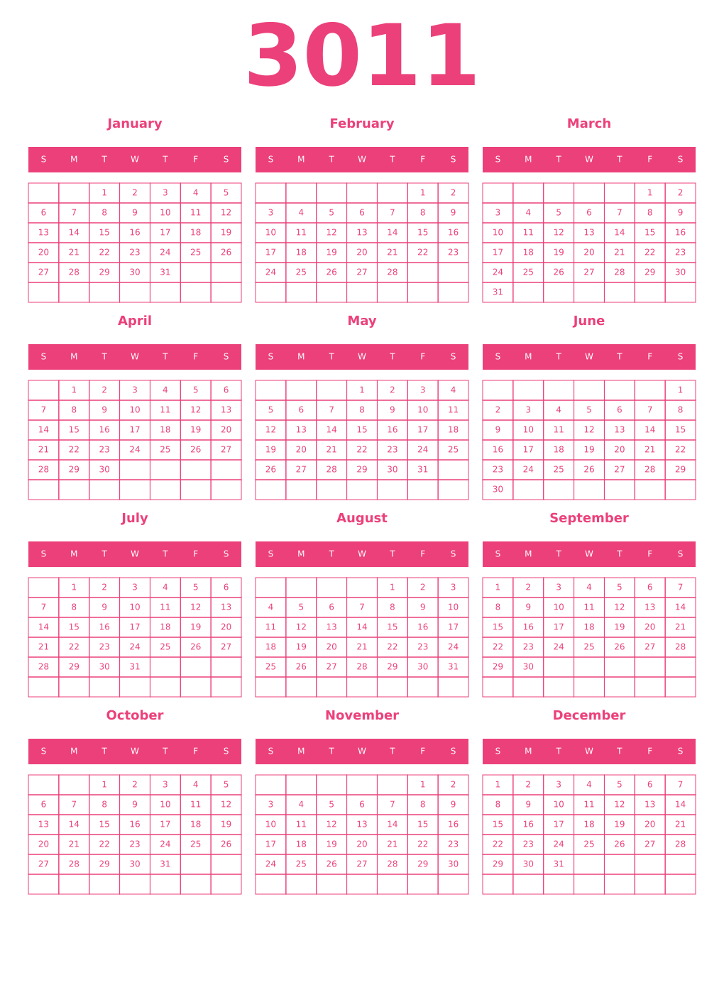 Printable 3011 Year Calendars pink