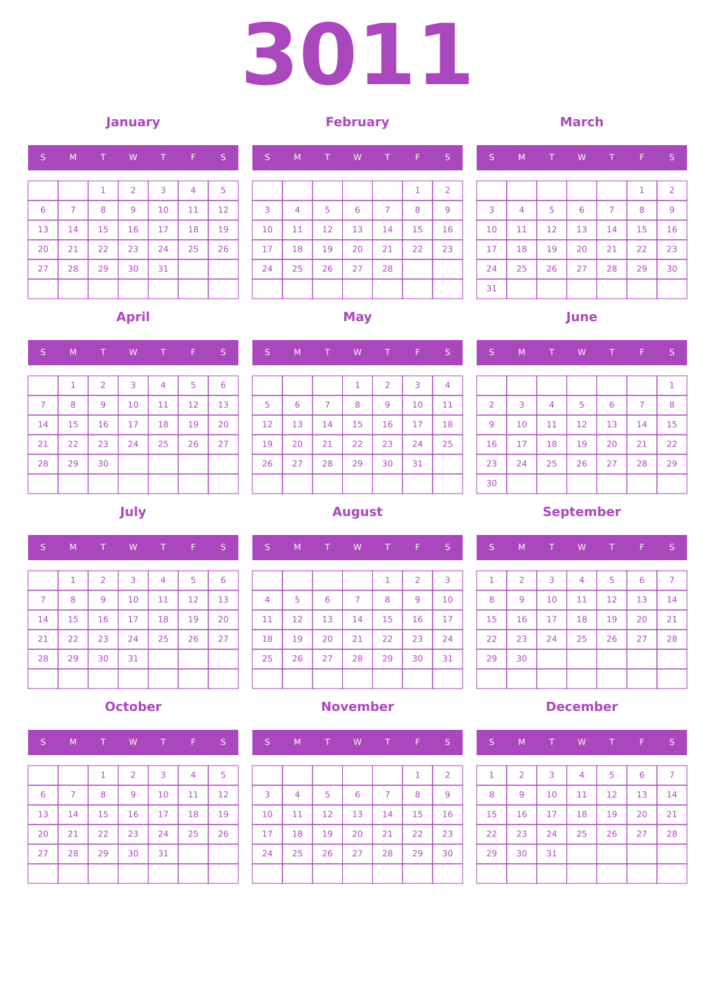 Printable 3011 Year Calendars purple