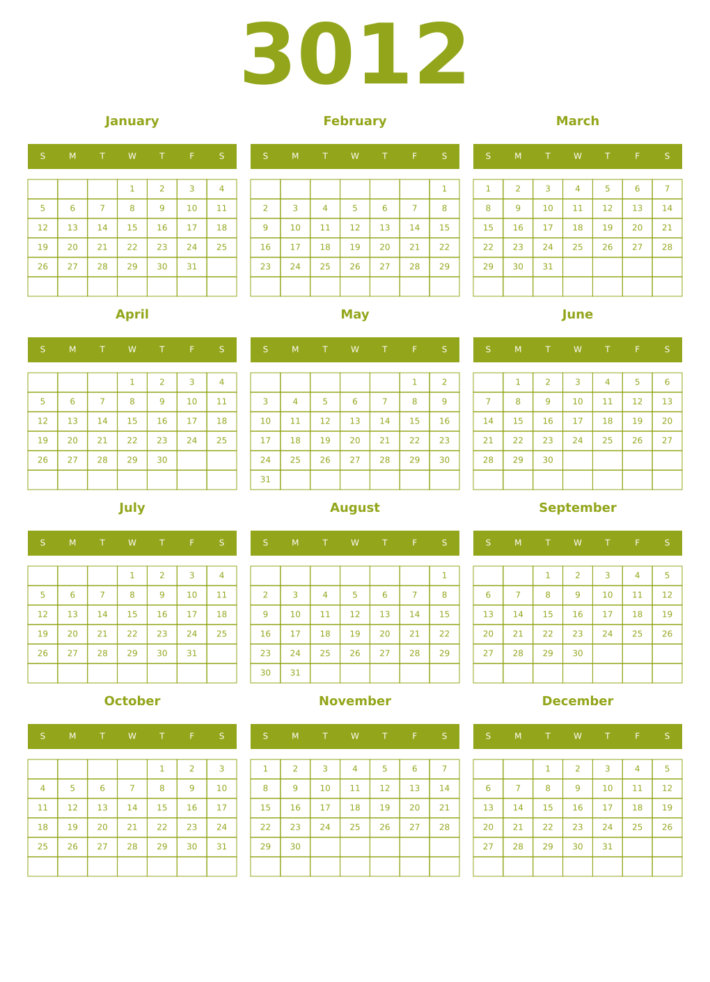 Printable 3012 Year Calendars chartreuse