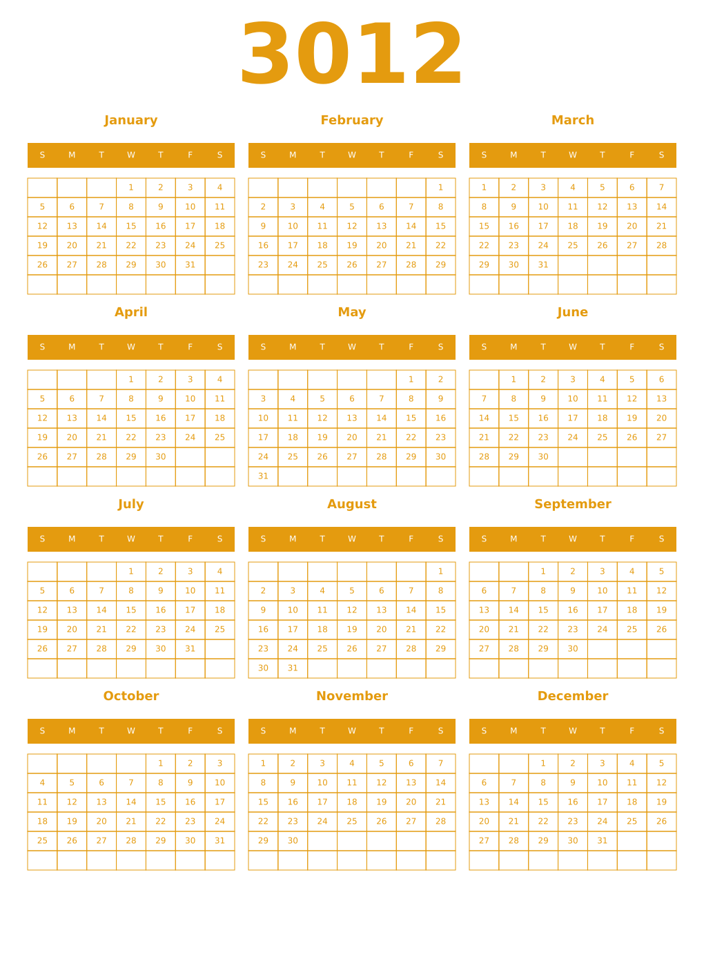 Printable 3012 Year Calendars gamboge