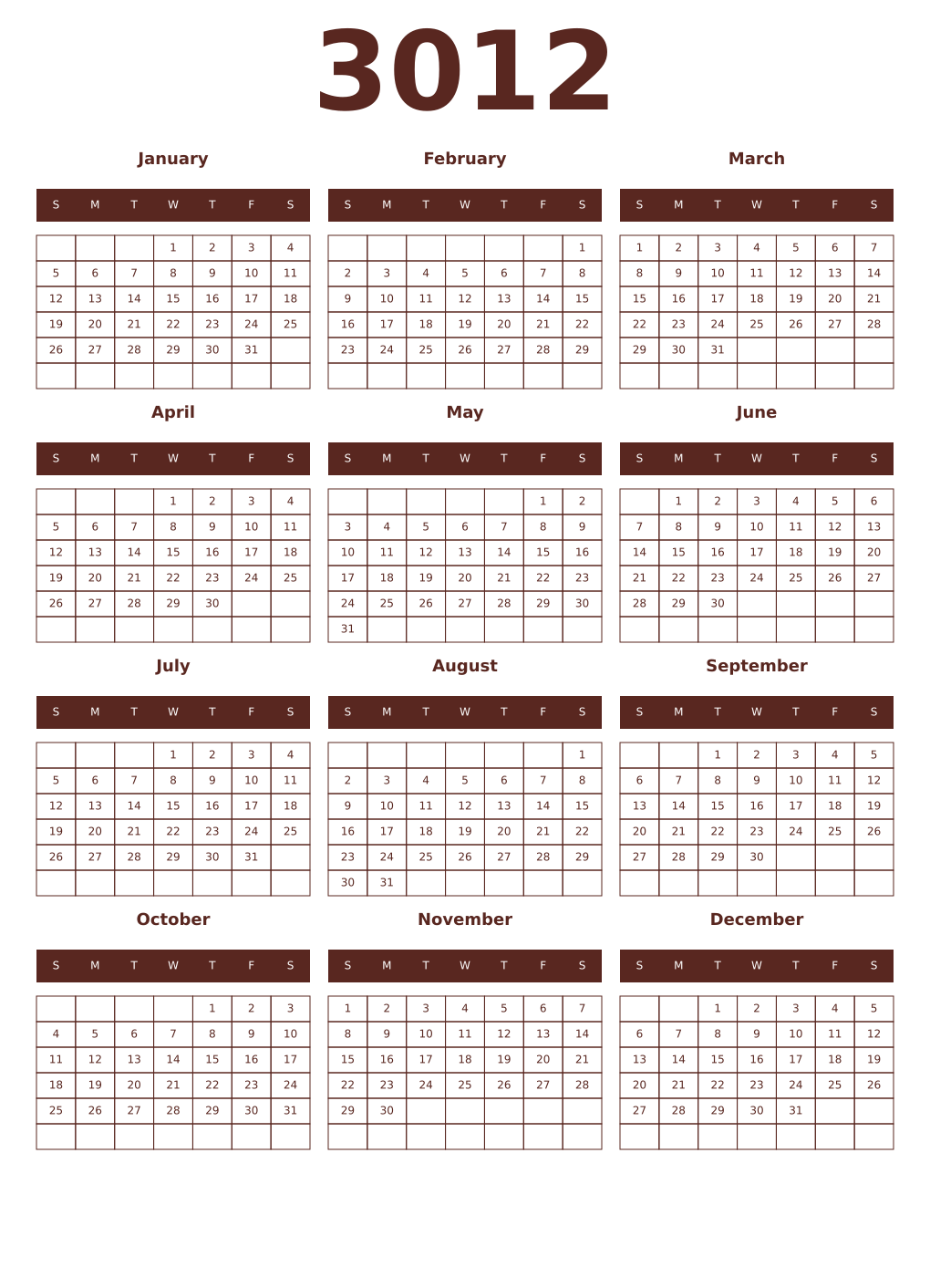 Printable 3012 Year Calendars mortuum