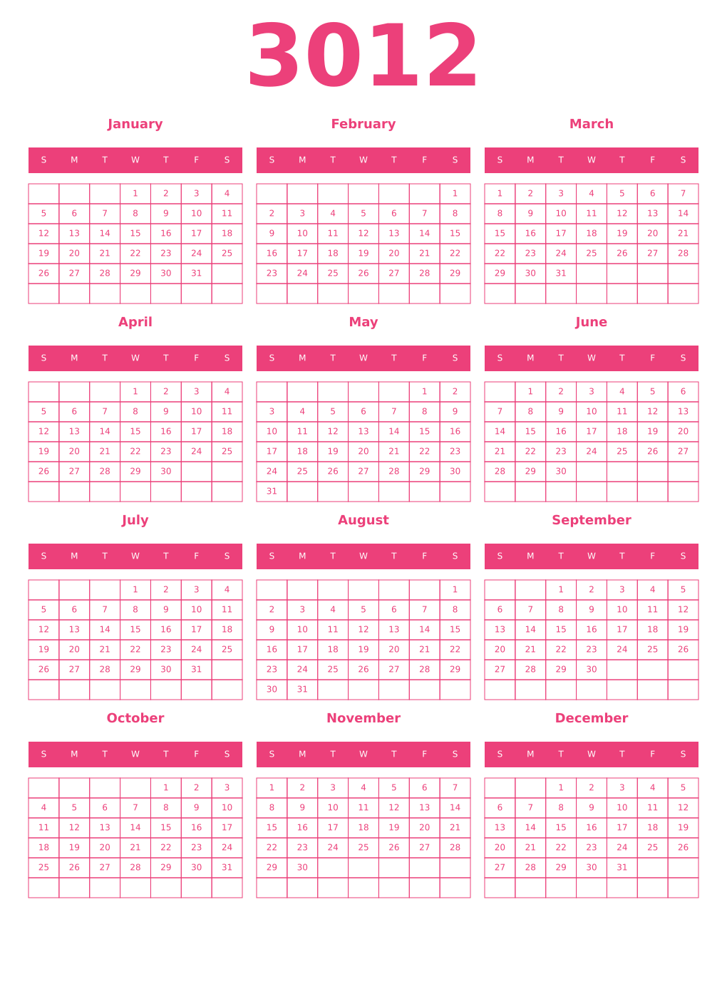 Printable 3012 Year Calendars pink