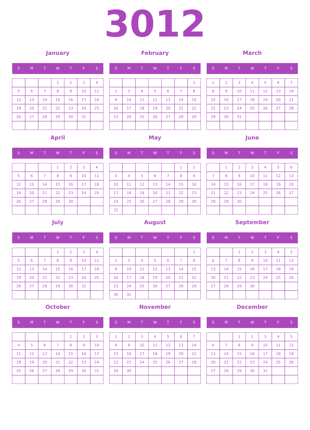 Printable 3012 Year Calendars purple