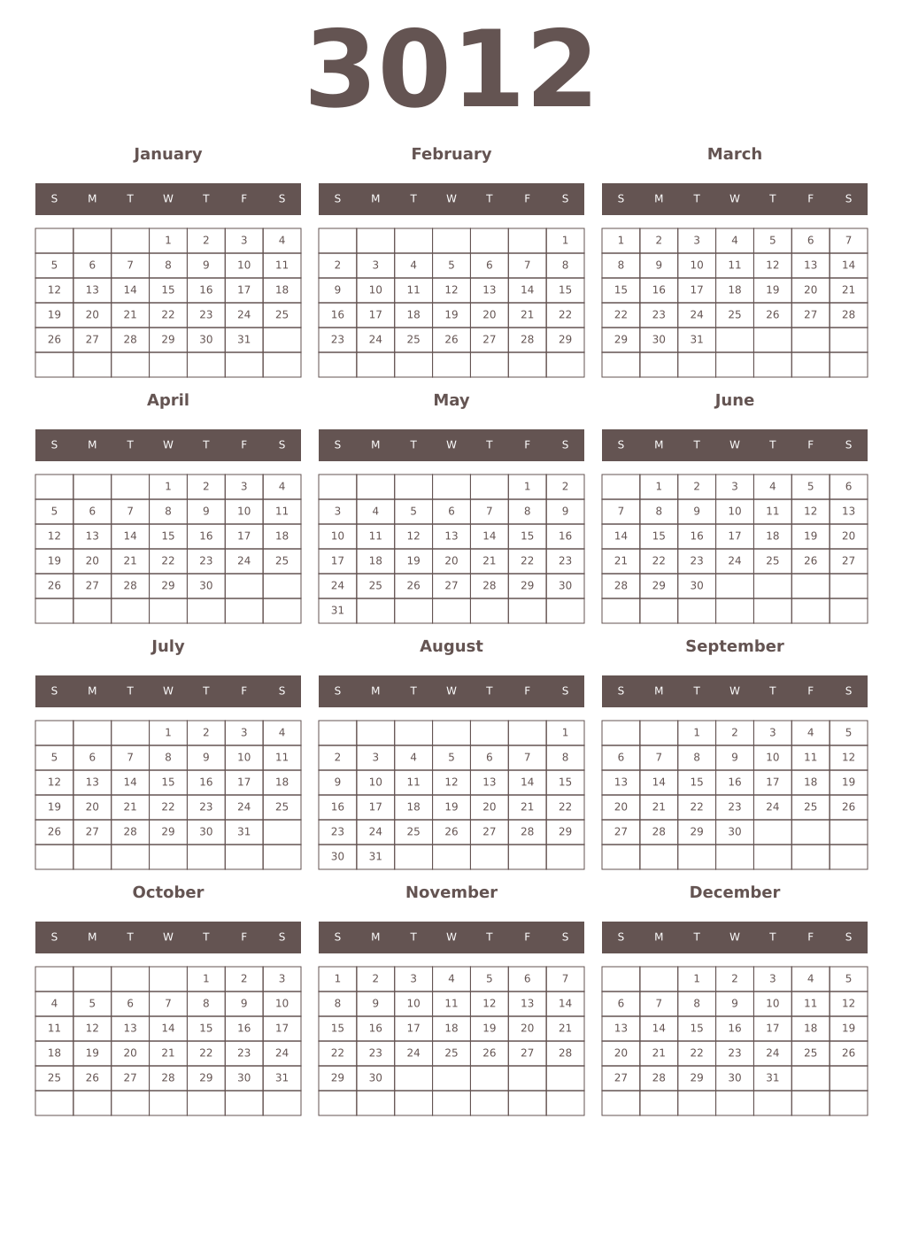 Printable 3012 Year Calendars wenge