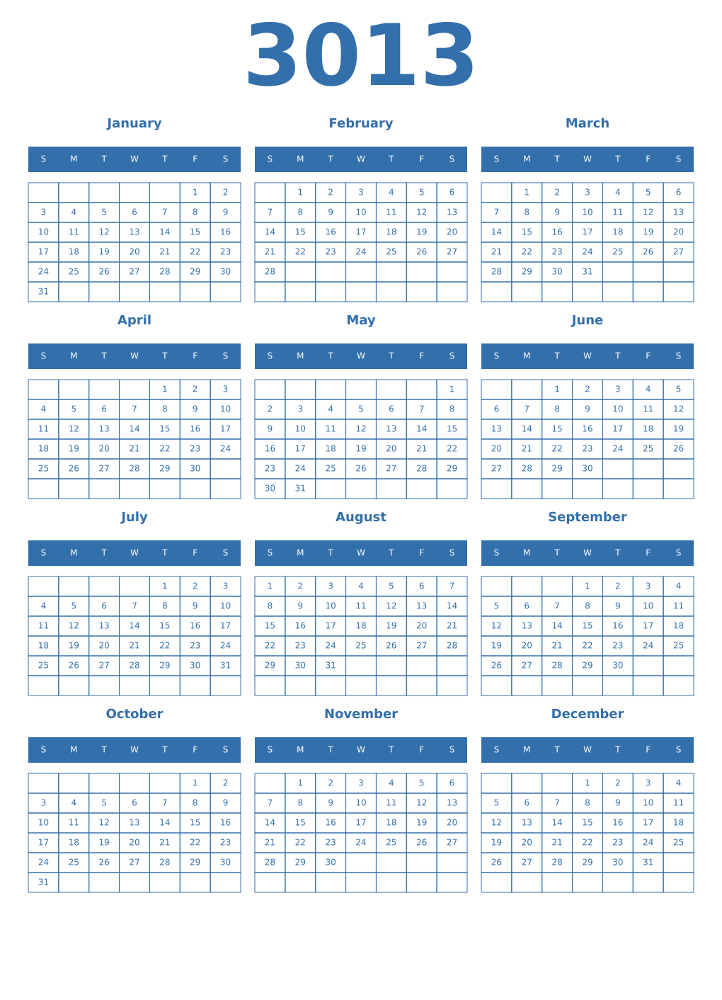 Printable 3013 Year Calendars blue