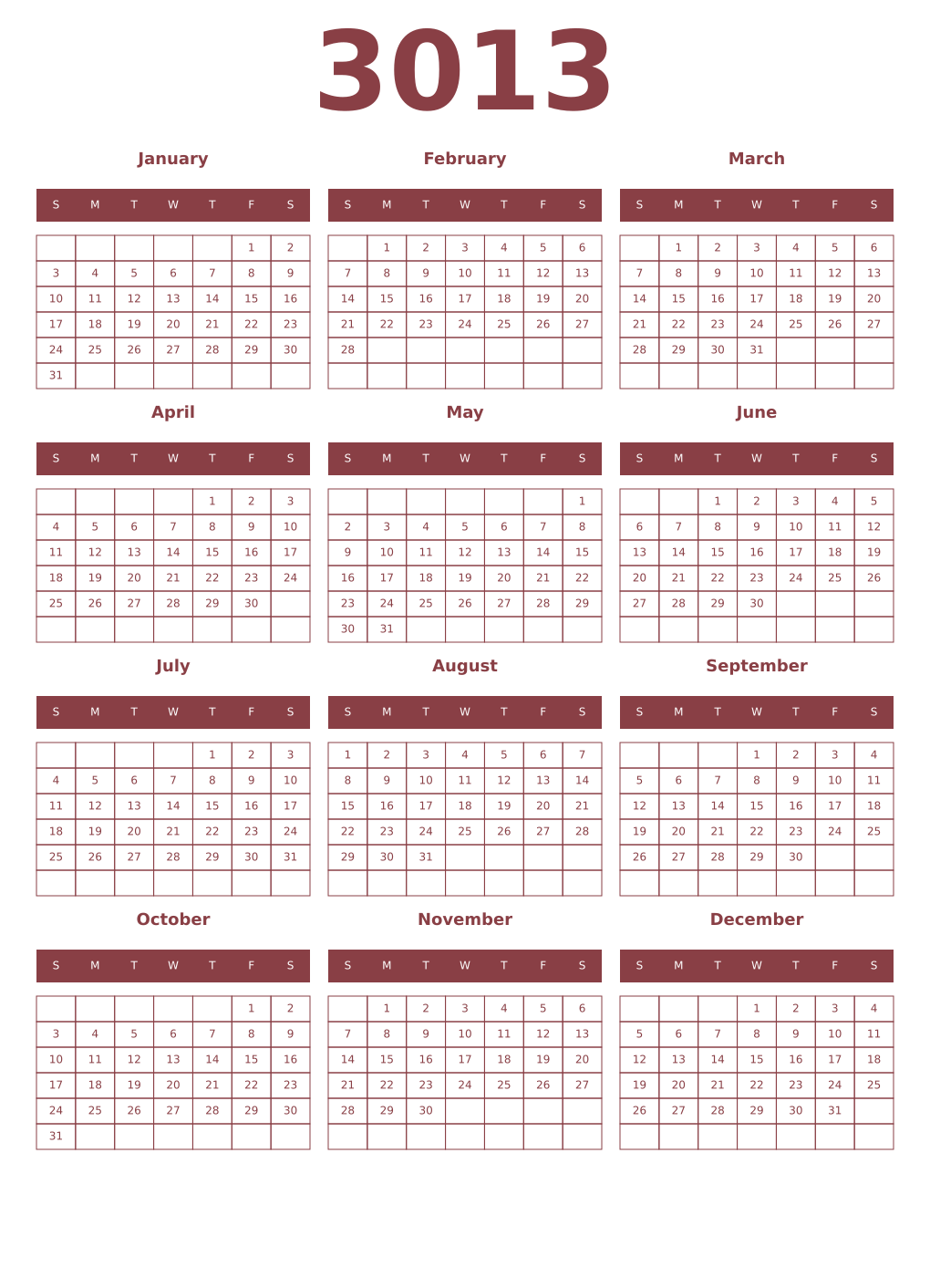 Printable 3013 Year Calendars cordovan