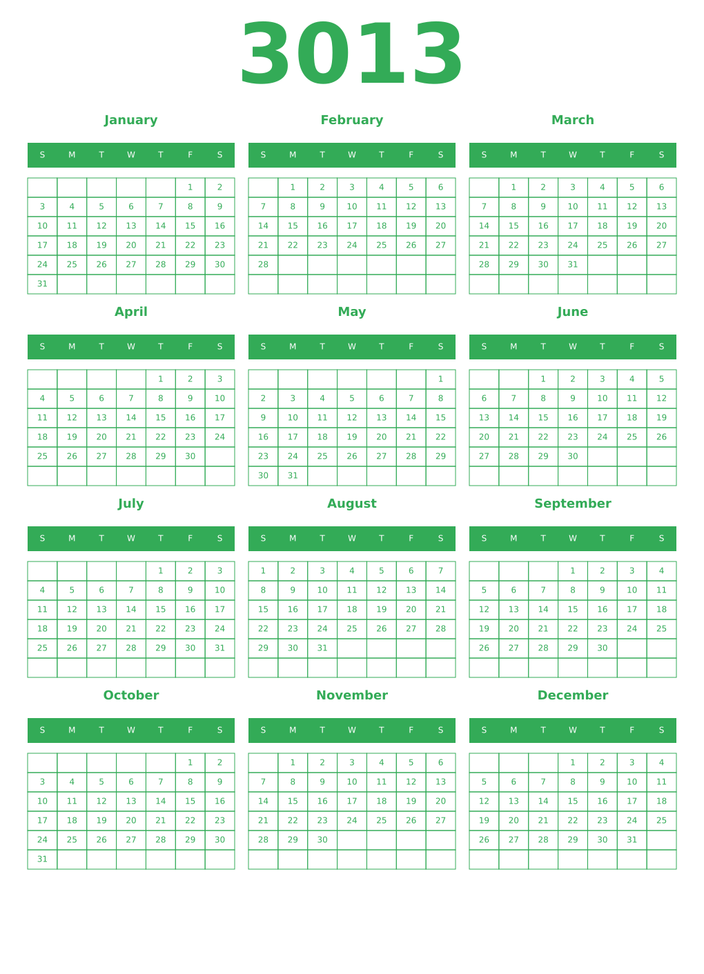 Printable 3013 Year Calendars green